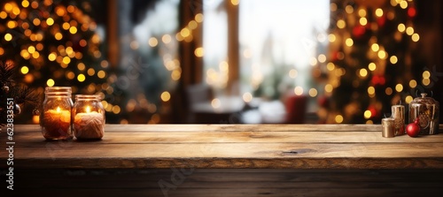 Empty wooden table with christmas decorations in front of a blurred background