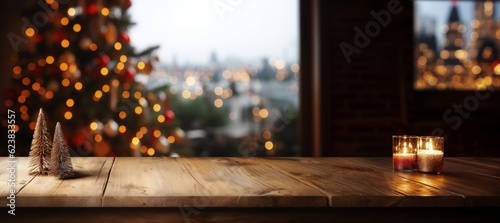 Empty wooden table in front of christmas tree and bokeh lights