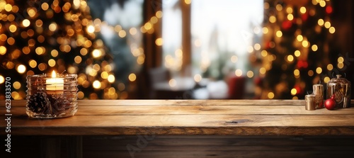 Wooden table in front of blurred Christmas lights background, space for text