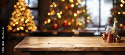 Empty wooden table in front of christmas tree background. Ready for product display montage