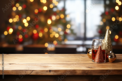 Foto Empty wooden table in front of christmas tree. Space for text