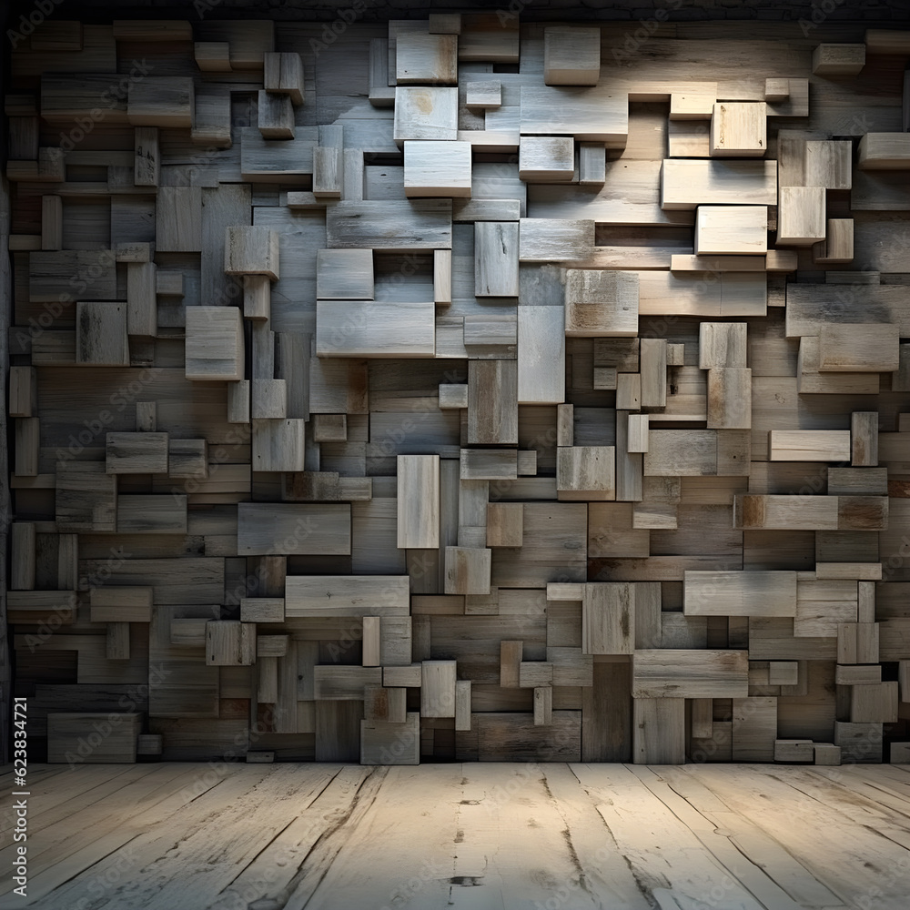 A modern and creative wooden rectangular-shaped wall and wooden floor. A modern and creative wooden rectangular-shaped wall and wooden floor.