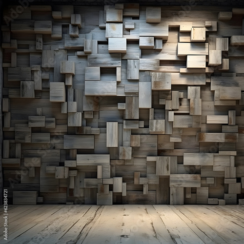 A modern and creative wooden rectangular-shaped wall and wooden floor. © Chanaka
