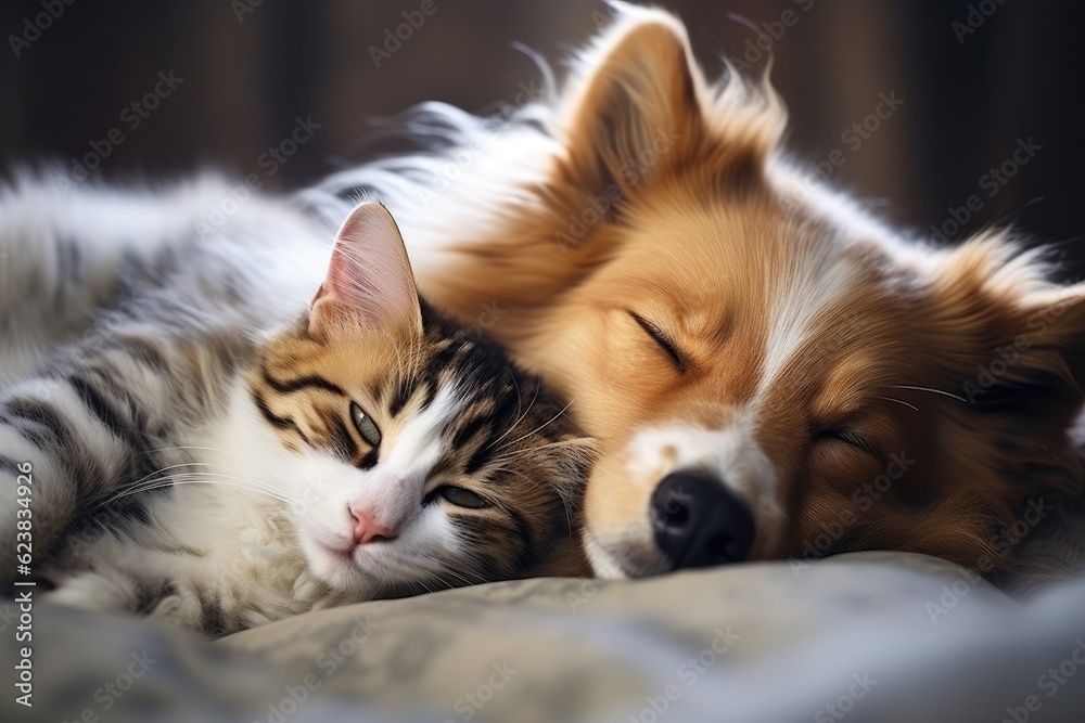 Sleeping dog and cat on bed sleeping together. Generative AI Sleeping dog and cat on bed sleeping together. Generative AI