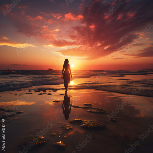 A young woman walking along a beach at sunset in the evening. © Chanaka