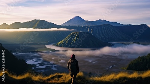 a man standing looking at bromo mountain, indonesia. photo