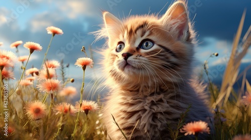 In a blooming field, a cat looks up amidst flowers, embraced by summer sunshine and natural beauty. Generative AI