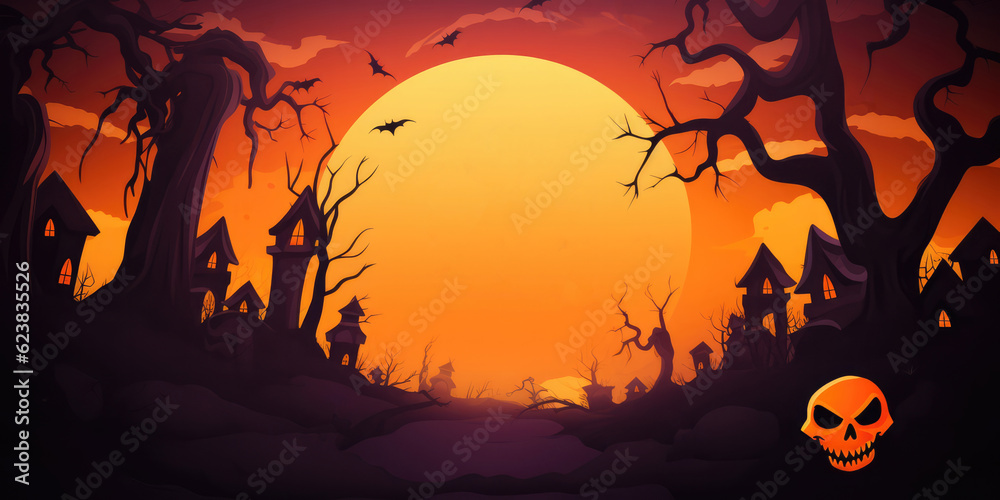 A Halloween Scene With A Full Moon In The Background. , Moonlit Halloween, Haunted Houses, Spooky Creatures, Scary Costumes, Frightening Decorations , Halloween Template. Generative AI