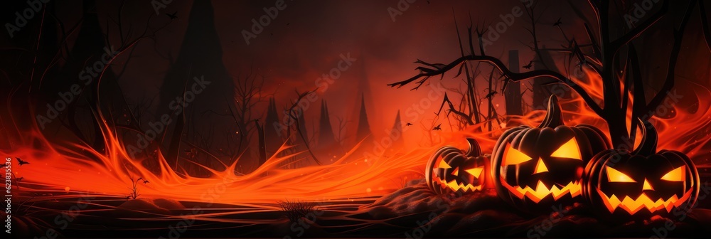 A Group Of Jack O Lantern Pumpkins Sitting In The Middle Of A Forest. Creative Jack O Lantern Designs, Carving Tips And Tricks, Halloween Night In The Forest. Generative AI