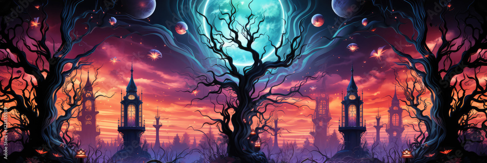 A Painting Of A Fantasy Landscape With A Full Moon. Moonlit Landscape, Fantasy Imagery, Painting, Full Moon, Ethereal Beauty, Mystical Scene, Halloween Scene. Generative AI