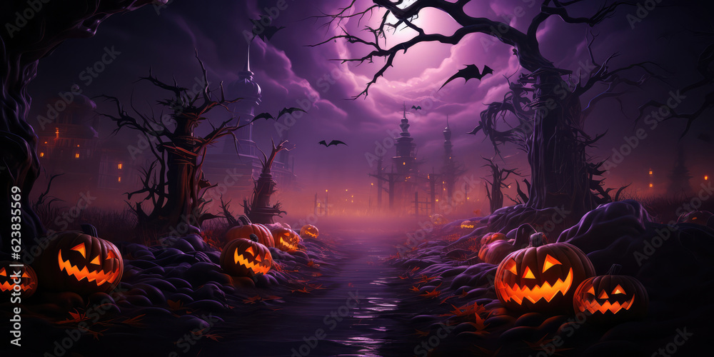 A Halloween Scene With Jack O Lantern Pumpkins. , Carving Jack O Lanterns, Halloween Costumes, Decorating With Pumpkins, Spooky Snacks, Fun Party Ideas, Haunted House Tours. Generative AI