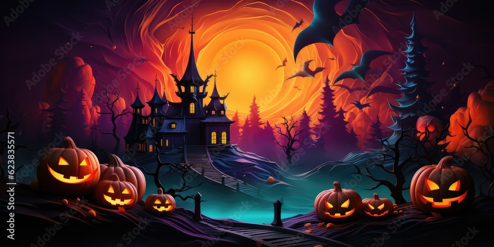 A Halloween Scene With Pumpkins And A Castle. Pumpkins, Castle, Halloween, Nighttime, Mystery, Decorations. Generative AI
