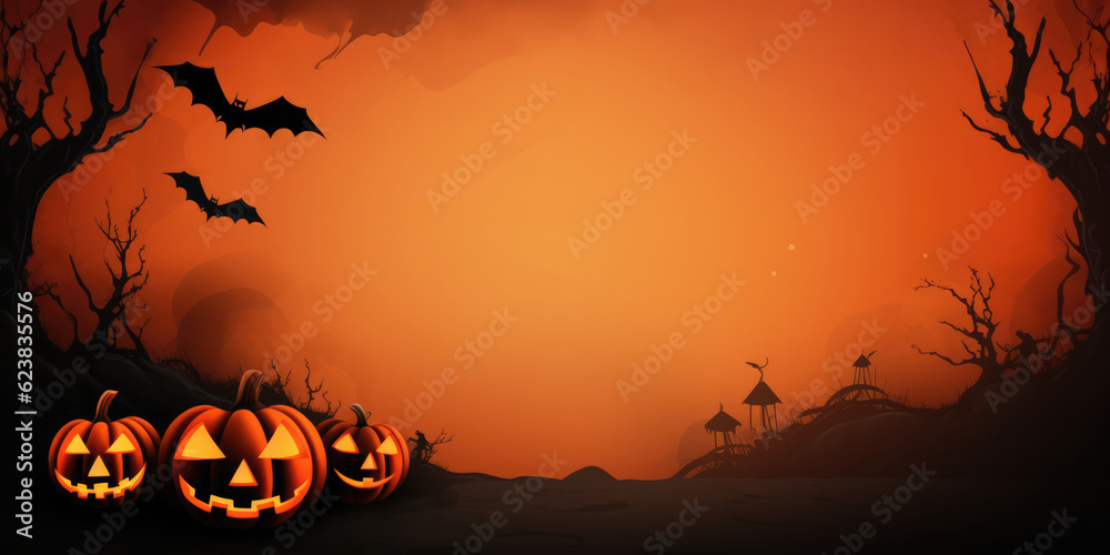 A Halloween Scene With Three Pumpkins And Bats. Pumpkins, Bats, Halloween, Mystique, Costumes, Decorations. Generative AI