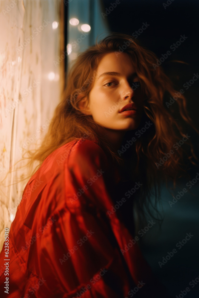 Fototapeta premium portrait of a woman/model/book character in an illuminated urban setting at night with lights in a fashion/beauty editorial magazine style film photography look - generative ai art