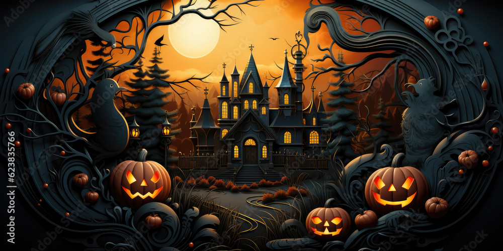 A Halloween Scene With Pumpkins And A Castle. Pumpkins, Halloween, Castle, Scenery, Decorations, Horror. Generative AI