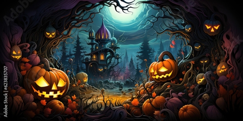 A Halloween Scene With Pumpkins And A Castle. Pumpkins For Halloween, Haunted Castle, Spooky Decorations, Costume Ideas, Trickortreating, Classic Halloween Movies. Generative AI