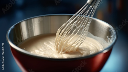 A whisk with pancake batter in a bowl. AI generated