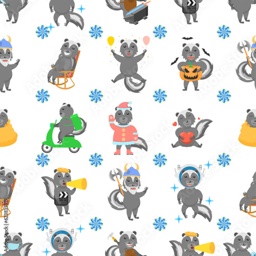 Fototapeta Naklejka Na Ścianę i Meble -  Seamless Pattern Abstract Elements Animal Skunk Wildlife Vector Design Style Background Illustration Texture For Prints Textiles, Clothing, Gift Wrap, Wallpaper, Pastel