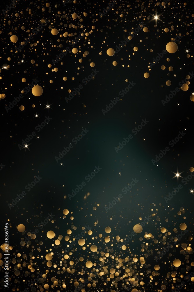 A Black Background With Gold Dots And Stars. Monochrome Design, Gold Accents, Polka Dots, Stars, Color Contrast, Wallpaper, Greeting Сard. Generative AI