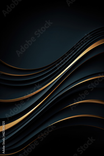 A Black And Gold Background With Wavy Lines. Black, Gold, Backgrounds, Wavy Lines, Patterns, Graphics, Greeting Сard. Generative AI