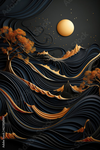Black, Stylish New Year Template With Shiny Color Gold Wave. Generative AI