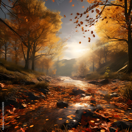Canvas Print fall, Tree, Leafs, lake, rocks, scenery fall, fall setting, morning , end of day