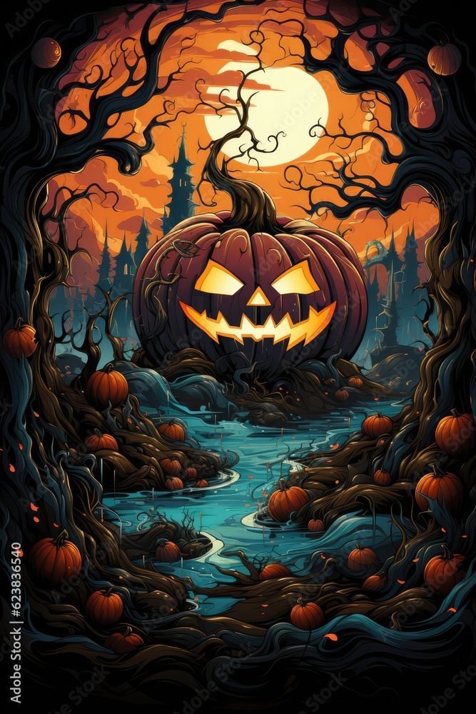 A Painting Of A Halloween Pumpkin By A Stream. Halloween, Pumpkins, Art, Streams, Painting, Autumn, Halloween Template. Generative AI