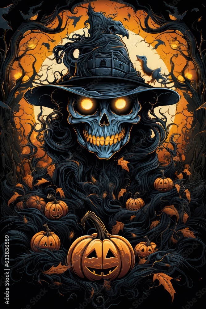 A Skeleton Wearing A Witches Hat With A Pumpkin In Front Of A Full Moon. Skeleton, Witches Hat, Pumpkin, Full Moon, Halloween, Fall, Halloween Template. Generative AI