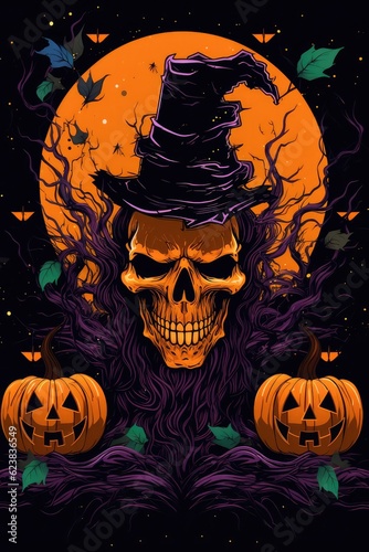 A Skull Wearing A Witches Hat With Two Pumpkins. Skull  Witches Hat  Pumpkins  Halloween  Costume  Decorations  Halloween Template. Generative AI