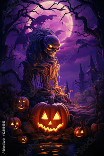 A Halloween Scene With Pumpkins And A Scary Monster. Pumpkin Carving, Scary Masquerades, Diy Halloween Decor, Spooky Stories, Halloween Costumes, Monster Makeup, Halloween Template. Generative AI
