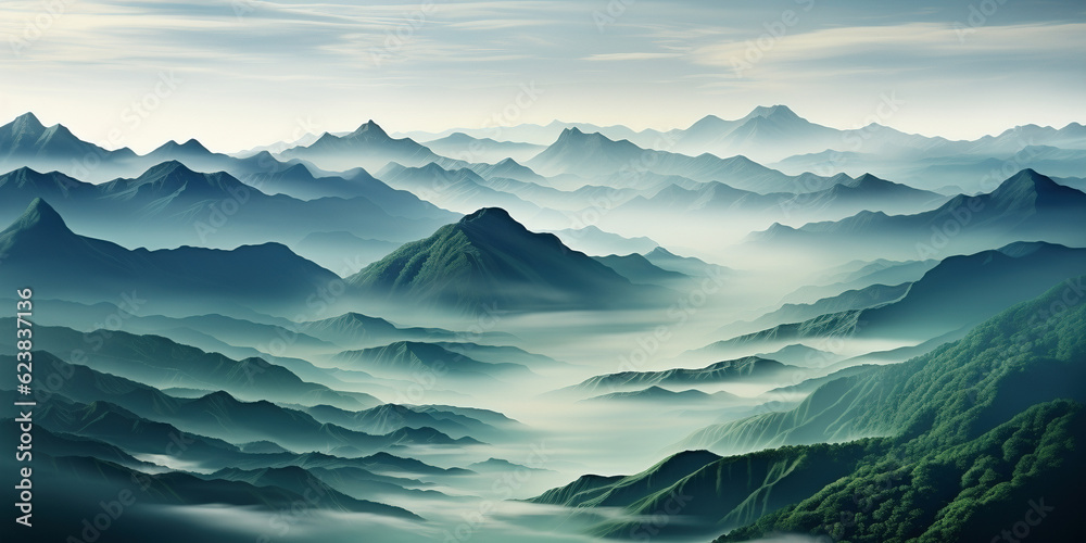 Rolling green hills in the early morning with mist in the valleys generative ai Rolling green hills in the early morning with mist in the valleys generative ai