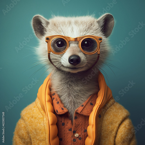 Fashion meerkat wearing an orange shirt and jacket with sunglasses generative ai
