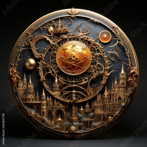 Fairytale castle  in a circle of gold. Famous European Catholic cathedral on a round golden plate. Famous European landmarks in round frame on dark background. photo