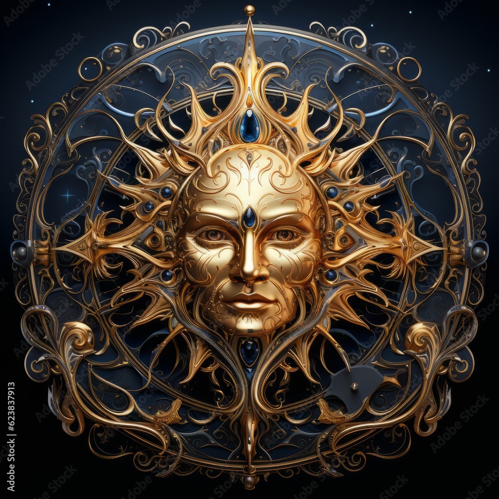 Golden male mask  with ornament on dark blue background. Symbol of mystery and magic. High resolution AI generated illustration.