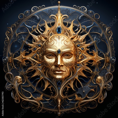 Golden male mask with ornament on dark blue background. Symbol of mystery and magic. High resolution AI generated illustration.