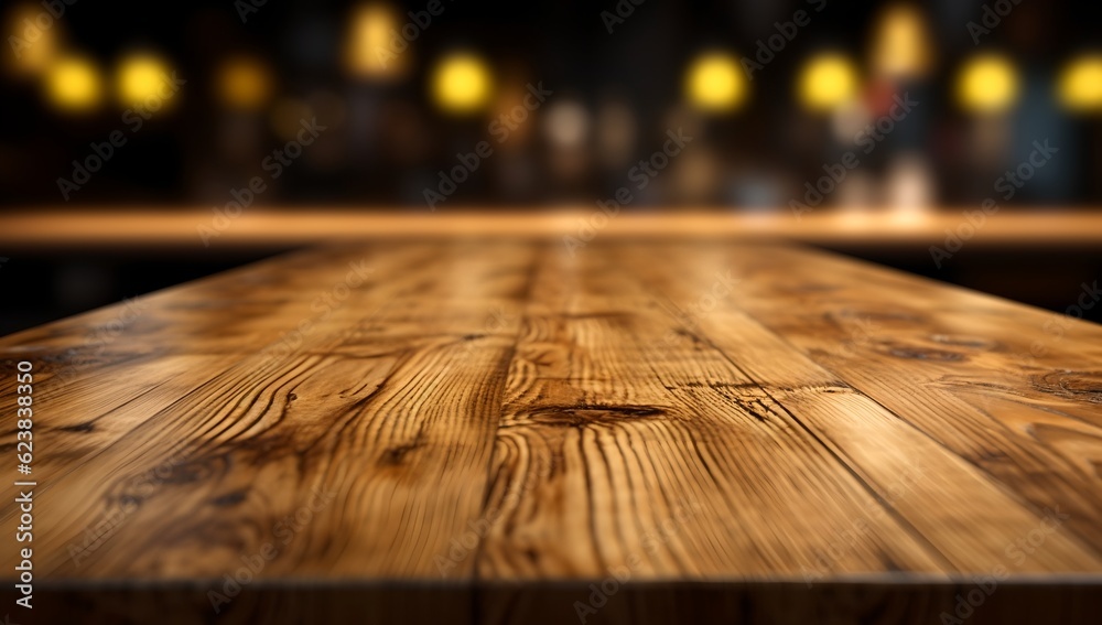 Bar wooden table with blurred beverages and lights on backdrop, generative ai Bar wooden table with blurred beverages and lights on backdrop, generative ai