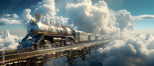 an old steam engine engine and a train crossing a bridge in the clouds Generated by AI