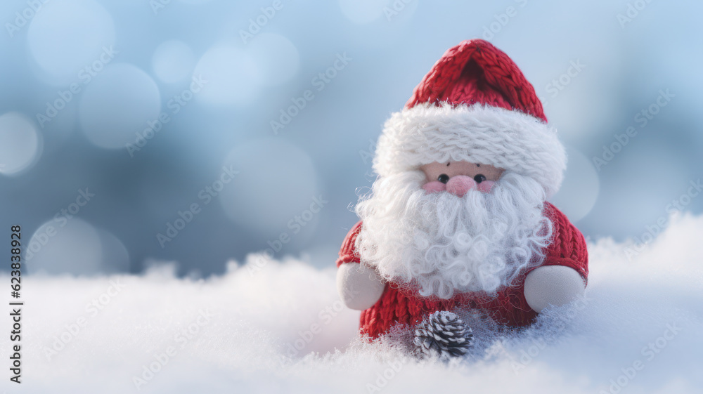 Adorable woolen Santa Claus on snowy winter background