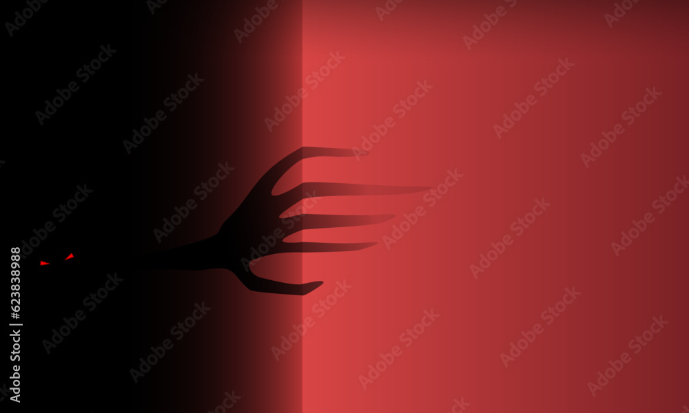 Horror scene, monster looks from around the corner, black hands reach ...