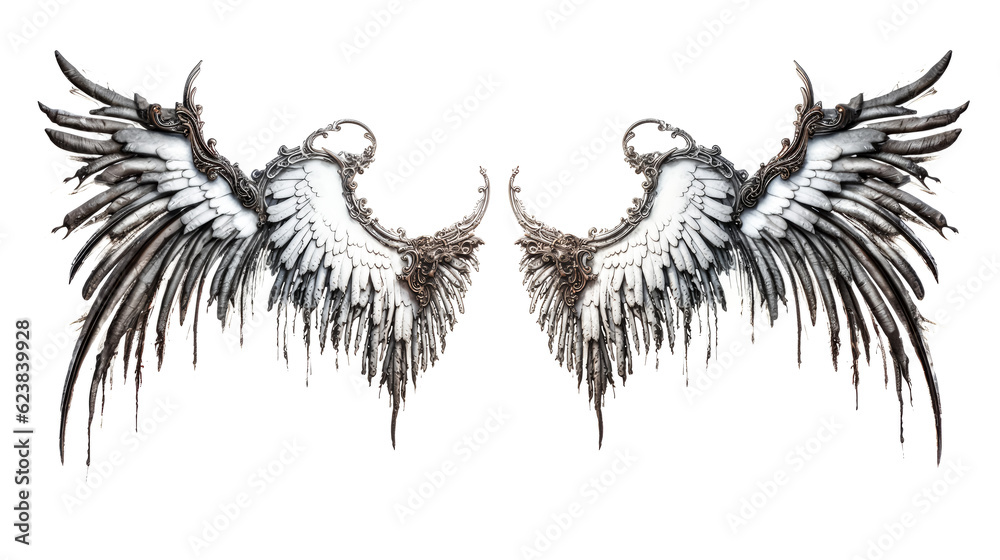 Obraz premium An angel with wings spreads its wings against a clear white background.