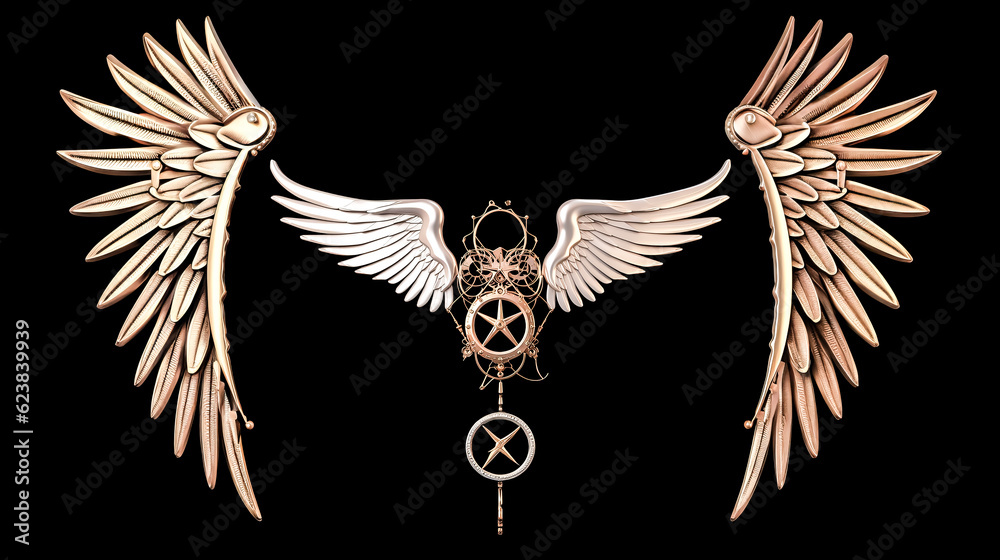 Fototapeta premium An angelic figure with wings spread wide graces a pristine white background.