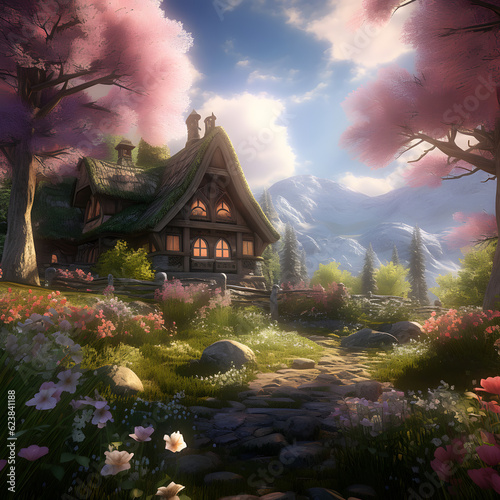 fantasy Theme  Spring  house  cabin  remote  pink cherry blossom trees  plants  flowers  nature  mountain 