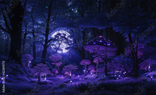 Fantasy forest at night illuminated by glowing mushrooms and moonlight