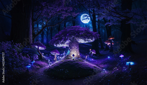 Fantasy forest at night illuminated by glowing mushrooms and moonlight