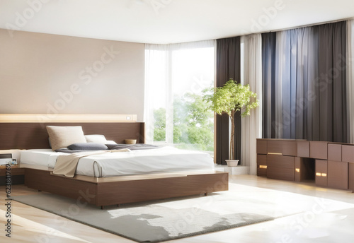 Interior of modern bedroom with wooden walls wooden floor wooden wardrobe and comfortable bed