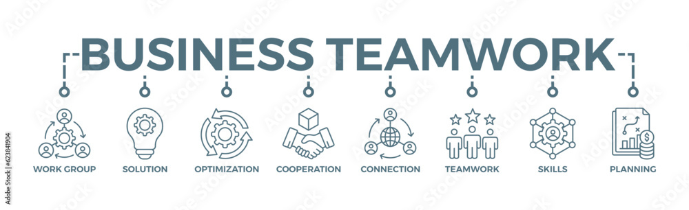 Business teamwork banner web icon vector illustration concept with icon of work group, solution, optimization, cooperation, connection, teamwork, skills, planning Business teamwork banner web icon vector illustration concept with icon of work group, solution, optimization, cooperation, connection, teamwork, skills, planning