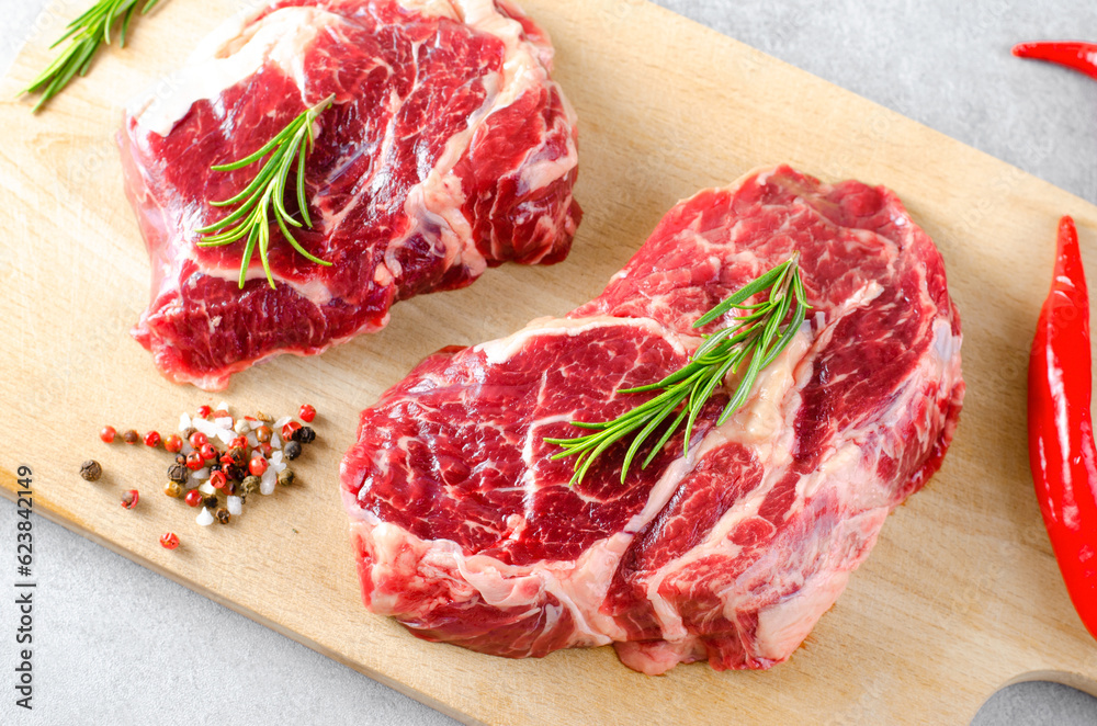 Raw Beef Organic Meat, Light Grey Background, Beef Steak
