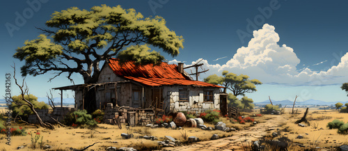 a painting of a log cabin with a rusted out red roof and a pathway in the desert near by Generated by AI