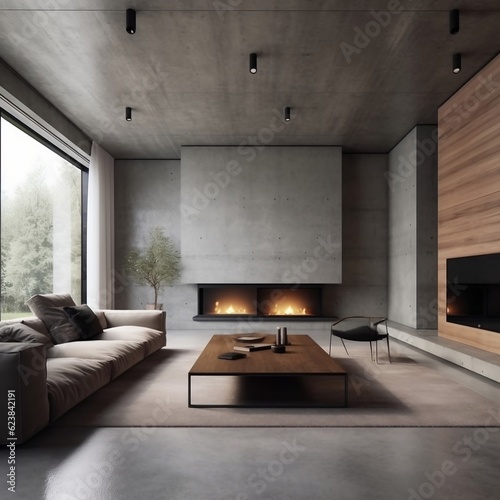 Minimalist style interior design of modern living room with fireplace generative ai
