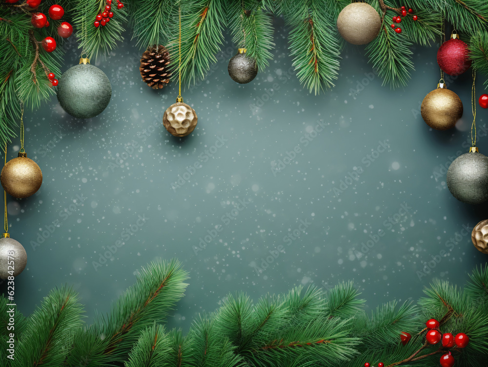 Christmas decorations frame, with several bunches of pines and ornaments scattered throughout it, adding a festive touch to the scene. Christmas decorations frame, with several bunches of pines and ornaments scattered throughout it, adding a festive touch to the scene.